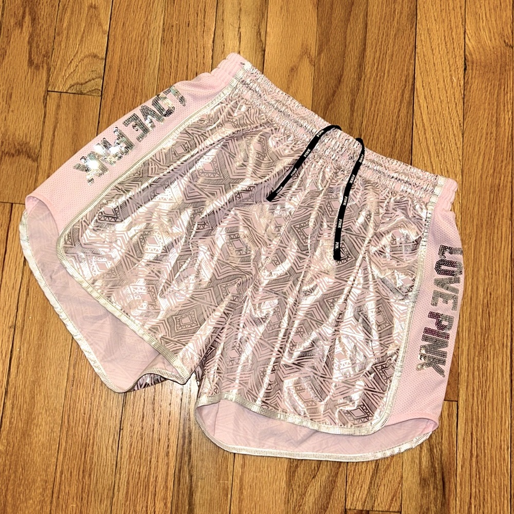 ✨ PINK ✨ Pink and Silver Metallic Print Shorts With Sequin Side Logos Size XS